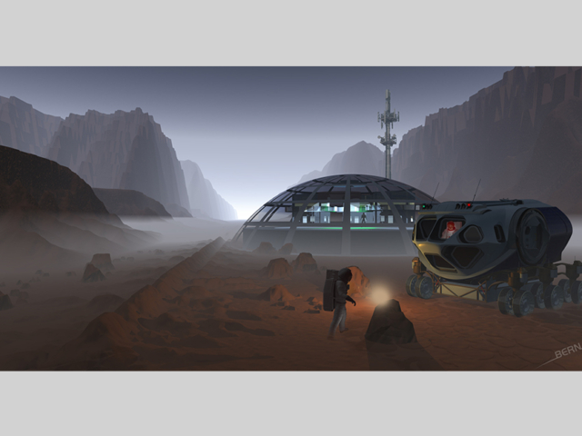 Base humaine installée dans une vallée martienne