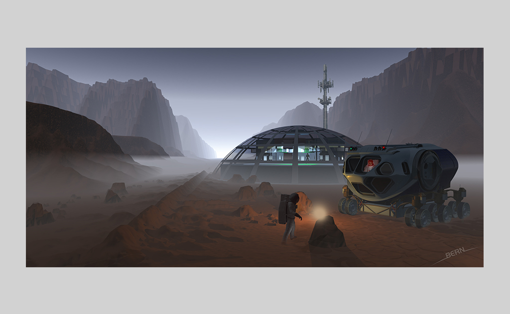Base humaine installée dans une vallée martienne