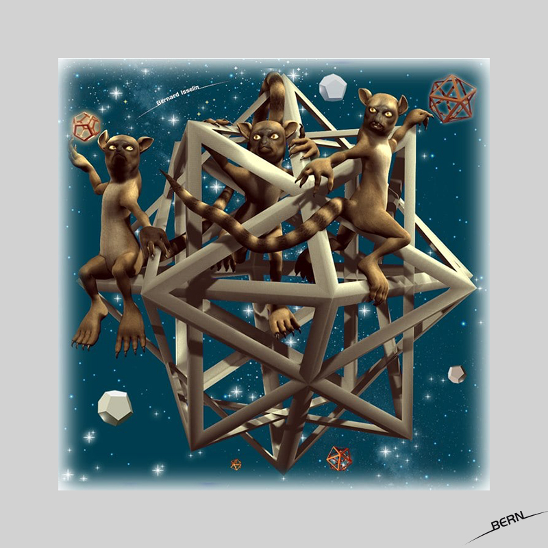 Trois octaedres imbriqués et trois occupants simiesques