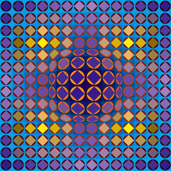 Grille optique de formes losangiques violets, or et orange sur fond bleu.